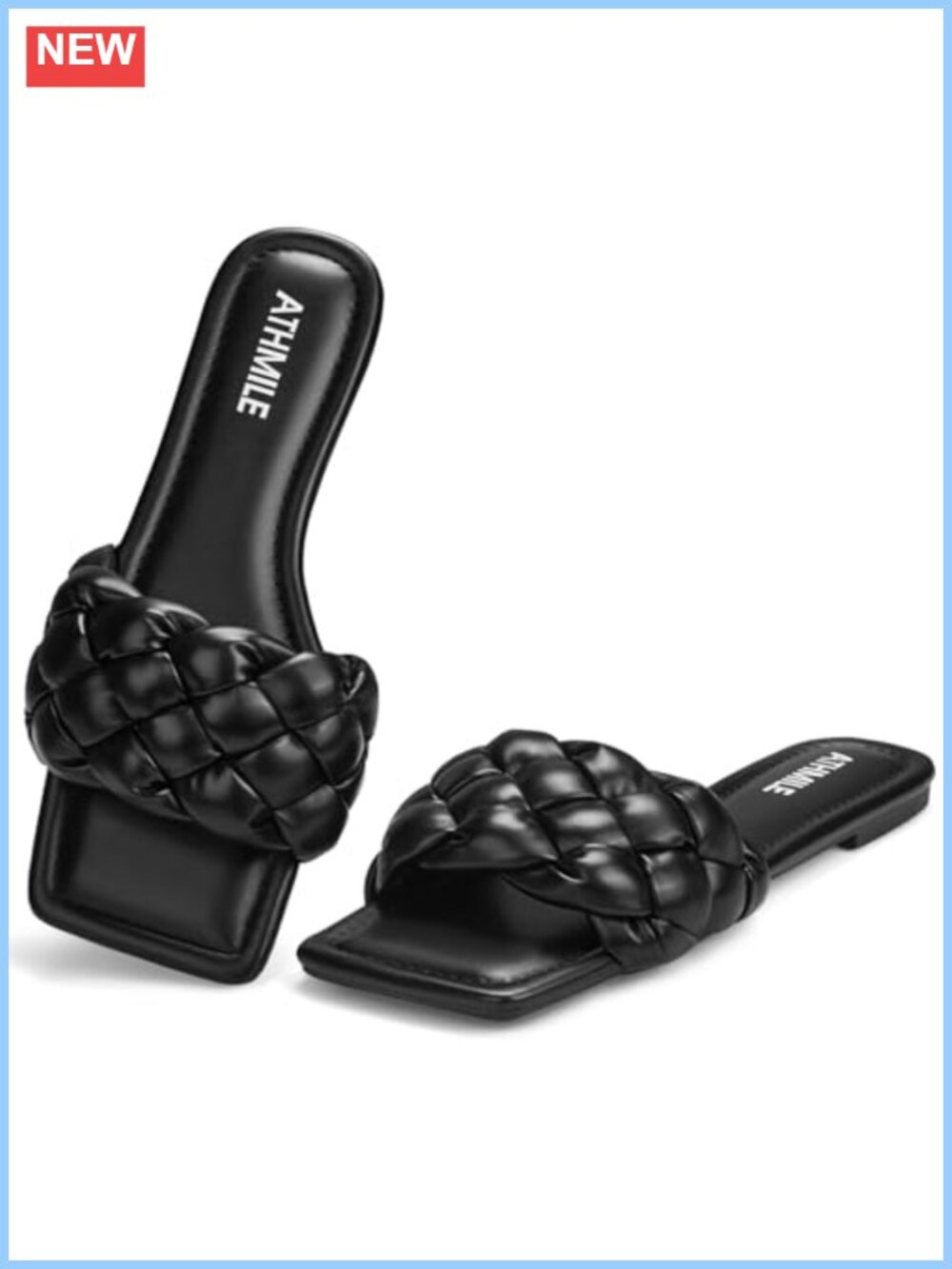 ATHMILE Womens Braided Slide Sandals Square Open Toe Slip On Flat